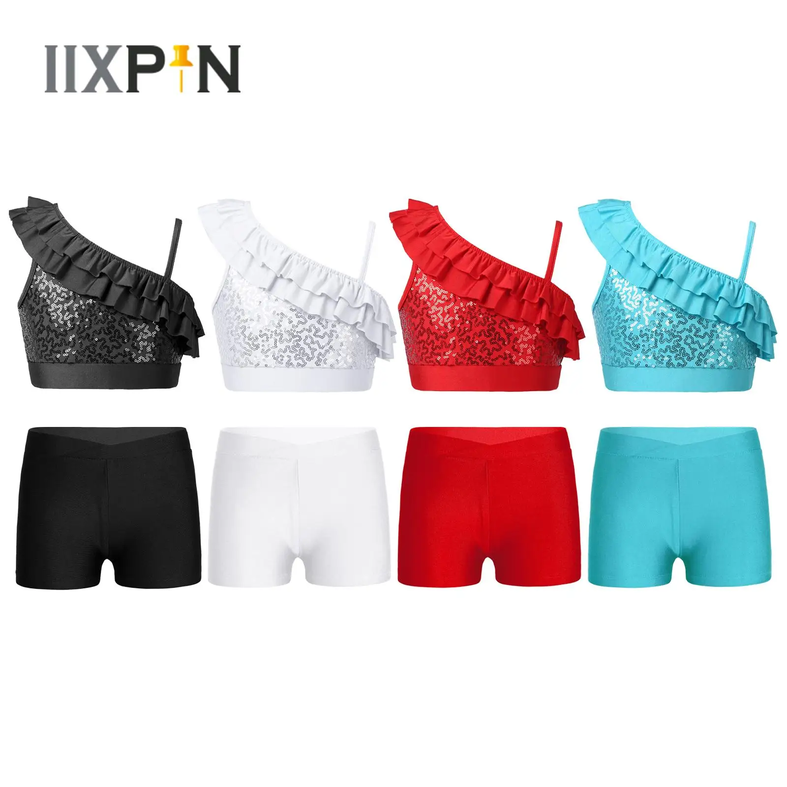 

IIXPIN NEW Kids Girls Jazz Hip Hop Dance Costumes Ruffle Straps Shiny Sequin Crop Top Vest+Shorts Set for Gymnastics Performance