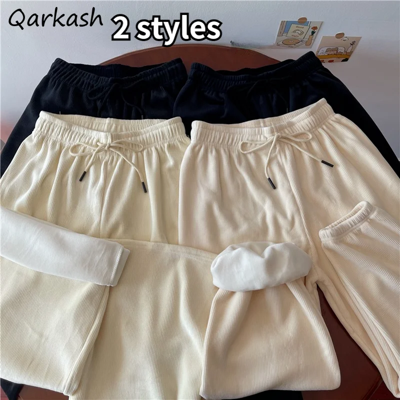 

Брюки женские вельветовые зимние утепленные на шнуровке в Корейском стиле теплые женские удобные Свободные повседневные Прямые брюки с высокой талией