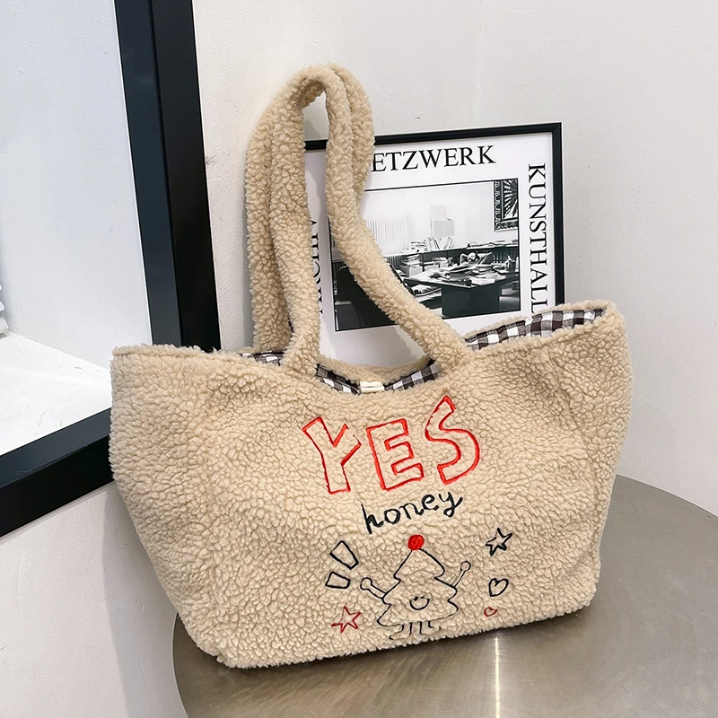 Зимняя теплая сумка через плечо из овечьей шерсти для женщин повседневная