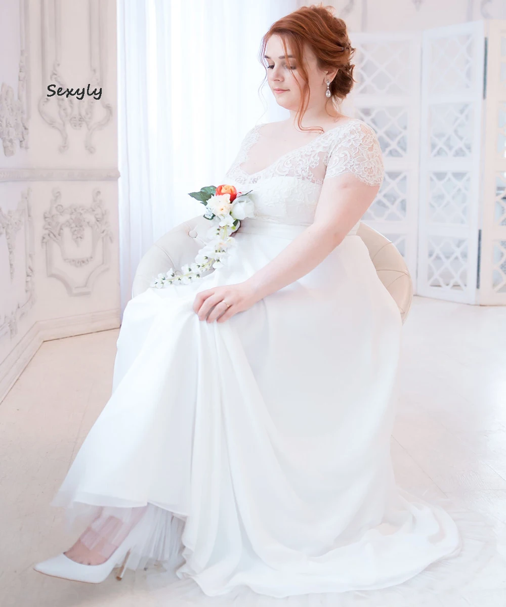 

Simple Plus Size Maternity Wedding Dress 2022 For Photography White Boho Lace Cap Sleeve Beach Wedding Gown Chiffon Women Bride