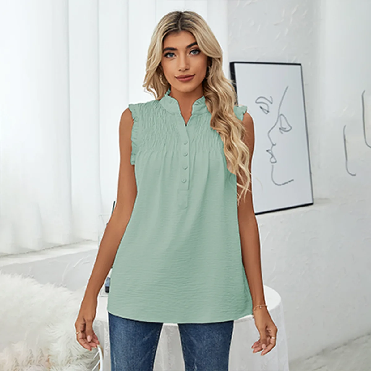 

Summer women casual tops T-shirt sleeveless woman tshirts turtleneck button pleated loose tank tops 7 colors