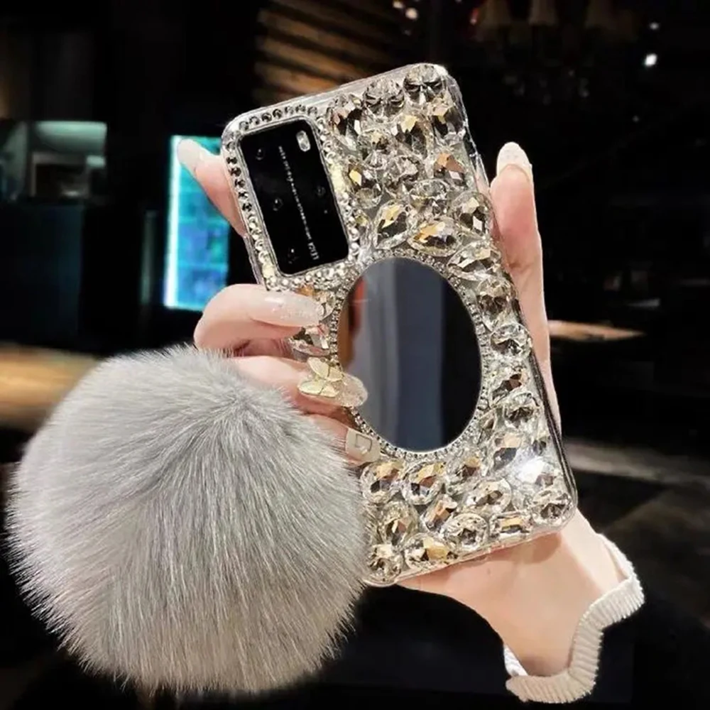 Чехол с подвеской в виде пушистого шара для Xiaomi POCO F5 F4 F3 X5 X4 X3, зеркальный чехол для макияжа для 13 12 12T 11T Pro 11 Ultra 12 13 Lite, чехол