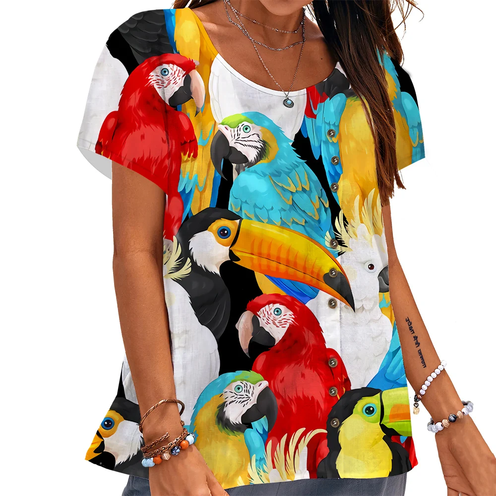 

CLOOCL Women T-shirt Beautiful Parrot Pattern 3D Printed Tees Button Decorate Short Sleeve Tops Summer Female Oversized Blouses