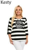 kesty womens plus size t shirt spring polyester striped printed t shirt with sequins and elastic round neck casual top