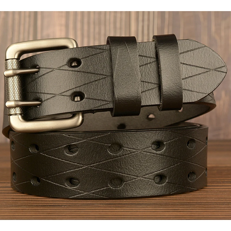 For Men Brand Strap Male Double Needle Pin Buckle Fancy Vintage Jeans Cowboy Cintos High Quality Genuine Leather Belts