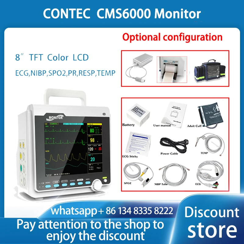 

CONTEC CMS6000 Patient Monitor Human/Veterinary Portable 6 Parameter 8" Vital Sign Patient Monitor ECG NIBP RESP SPO2 PR TEMP