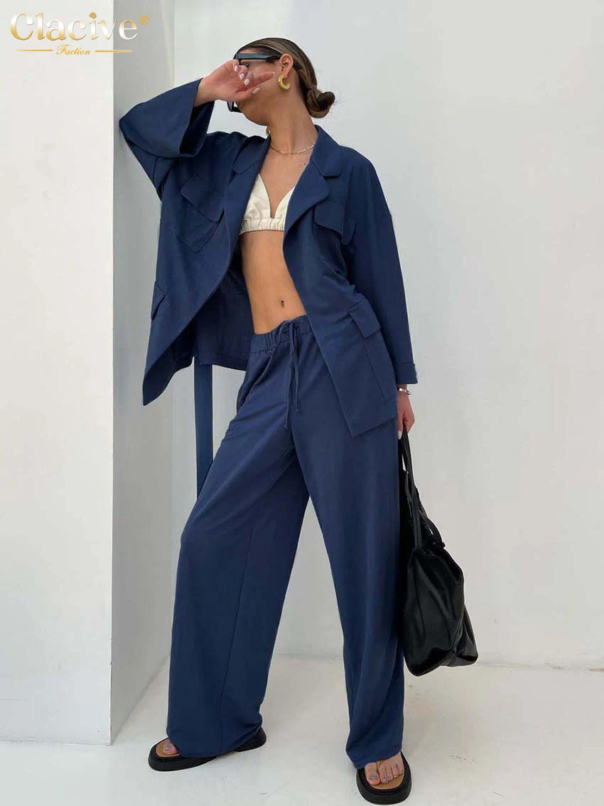 

Clacive Fashion Blue Pants Set Female Streetwear Autumn Casual Loose Lace-Up Long Sleeve Blouses 2 Piece Sets Womens Outfits