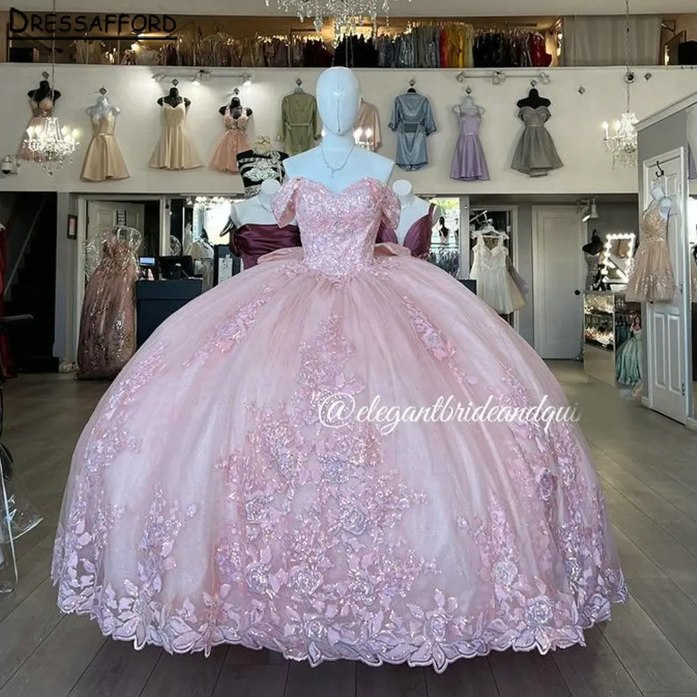 

Pink Glitter Sequined Appliques Quinceanera Dress Ball Gown Off The Shoulder Bow Back Graduation 7th Vestido De XV Anos