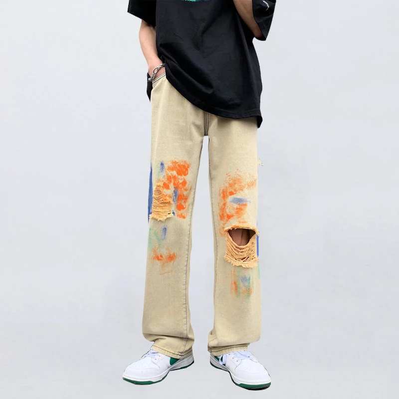 

Four Seasons Jeans Korean Version Khaki Trend Ins Ripped Jeans Personality Straight Loose Hip-hop Casual Wide-leg Trousers JEANS