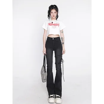 Women's Clothing Flare Jeans Black Lacing High Waist Stretchy Self Cultivation Vintage Casual Baggy Ladies Denim Trouser Summer 2