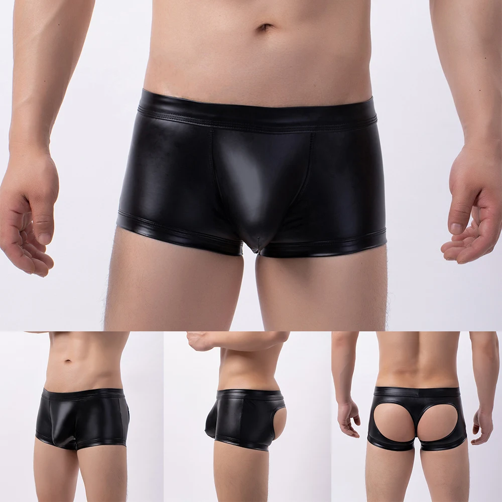 

Men's Open Buttocks Underwear Faux Leather Boxer Birefs Hollow Out Night Clubwear Boxer Trunks Male Bulge Pouch Underpants