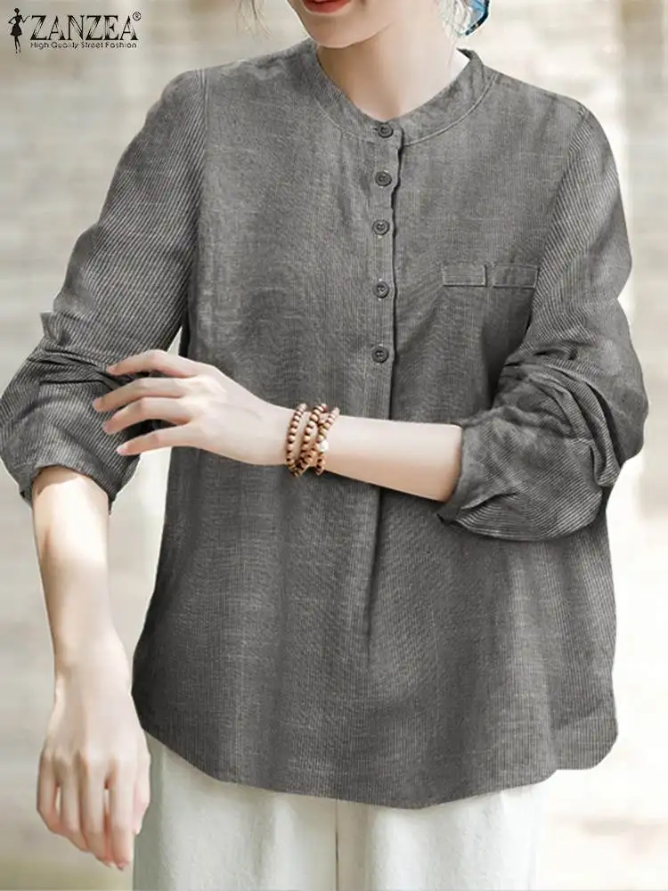 

Fashion Long Sleeve Striped Blouse ZANZEA Women Vintage Casual Loose Holiday Blusas Female Work Shirt Autumn Buttons Tops Tunic