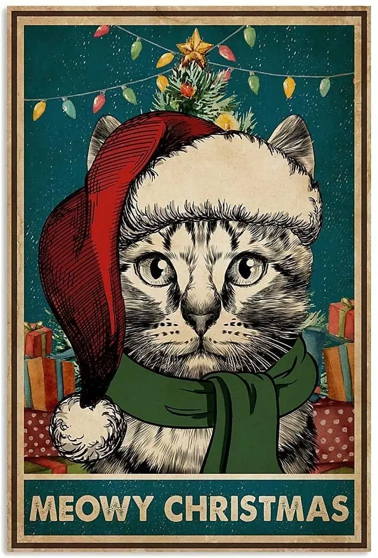 

Vintage Metal Tin Sign Christmas Cat Metal Poster Wall Decor Retro Metal Sign for Farmhouse Kitchen Bar Home Decor Iron Painting