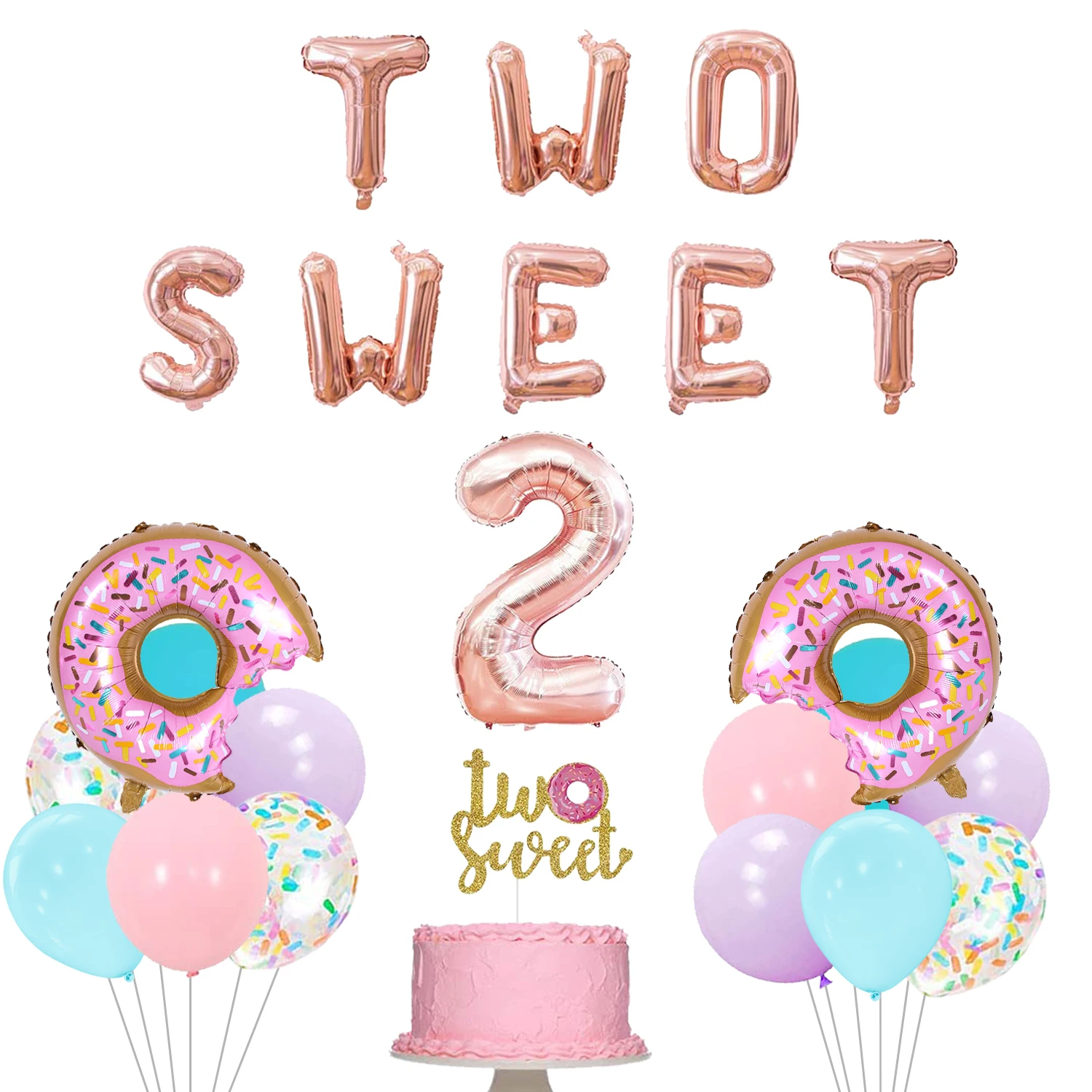 Donut Themed 2nd Birthday Decoration Two Sweet Donut Foil Balloons Cake Topper for Girls 2 Years Old Birthday Party Supplies