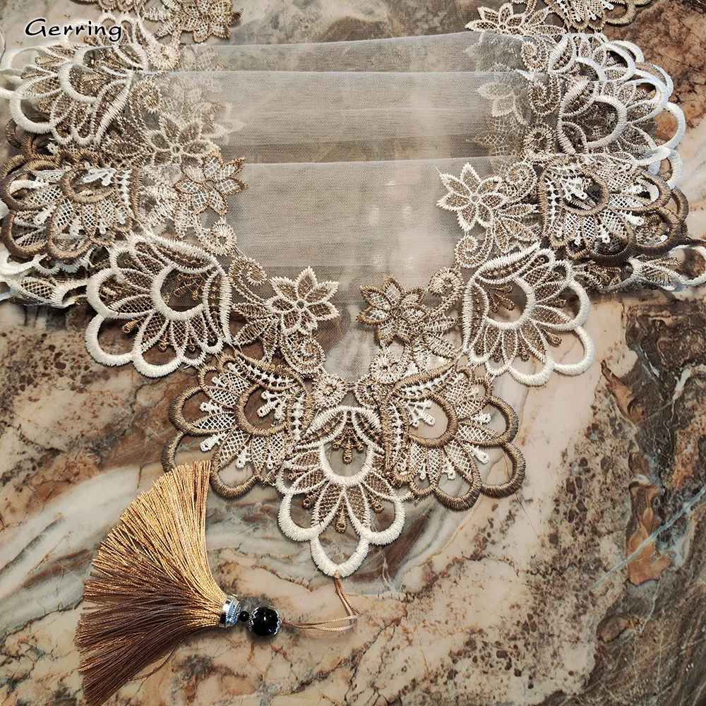 

Gerring Lace Embroidered Runners For Table Mesh Gauze Table Runner Luxury Christmas Wedding Decoration TV Cabinet Tablecloth