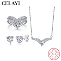celayi 925 silver jewelry set zircon row diamond love ring heart shaped earrings sterling silver necklace for women 3 piece set