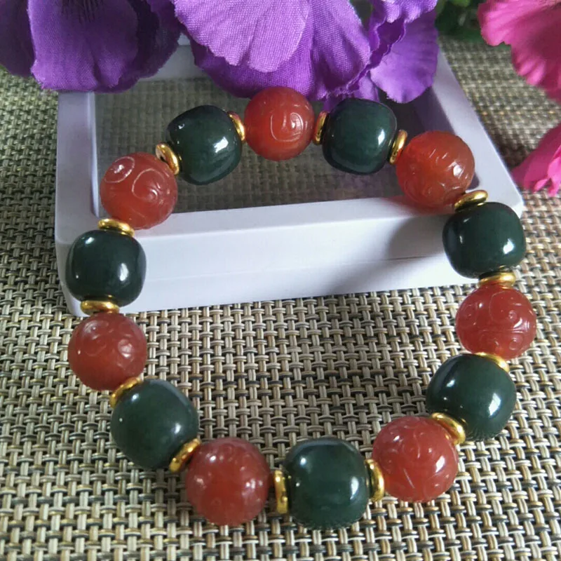 

Natural Green Jades Bracelets Men Women Healing Bangle Hetian Nephrite Jade Exquisite Pattern Agate Bead Elastic Beaded Bracelet