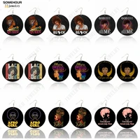 somehour afro girl black queen wooden drop earrings god say i am gorgeous african curly hair arts printed dangle for women gifts