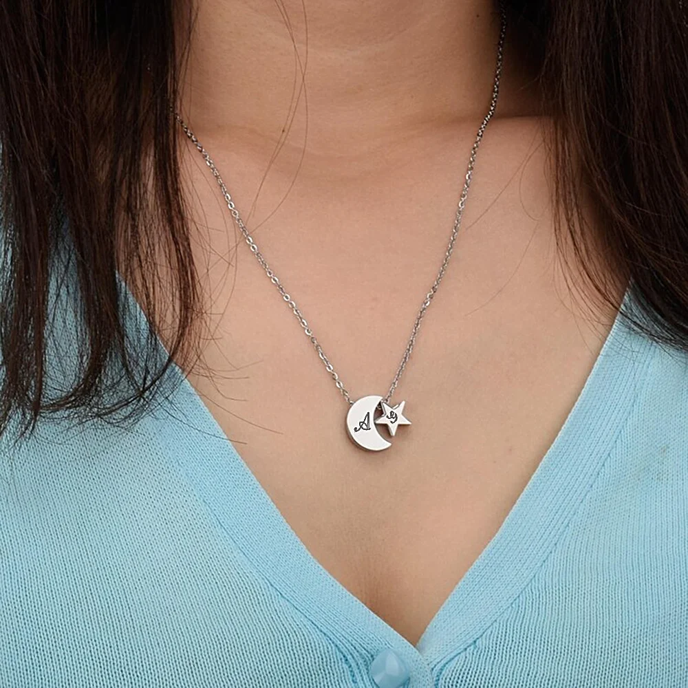 

Necklace for Women Luxury Custom Personalise Moon Star Engraved Double Letter Pendant Necklace Stainless Steel Gold Jewelry Gift