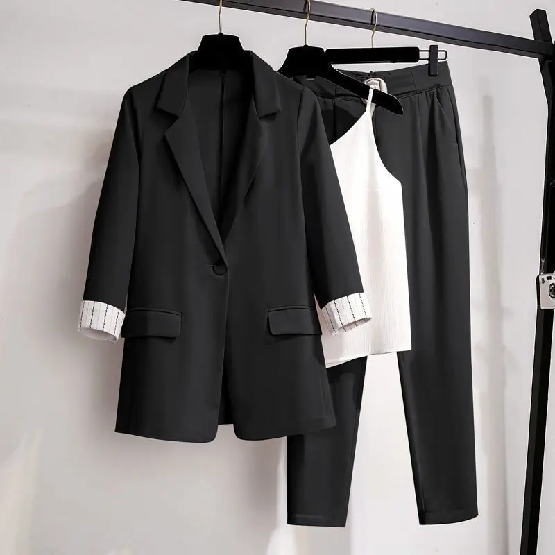Women's Spring Autumn Thin Three-quarter Sleeve Suit Jacket White Suspender Pants Three-piece Korean Elegant Blazers Trouser Set