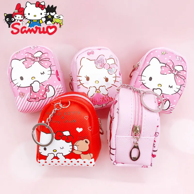 

Sanrio Mini Keychain Backpack Coin Bag Hello Kitty Cinnamoroll Cartoon Pendant Card School Kawaii Ladies Casual Short Wallets