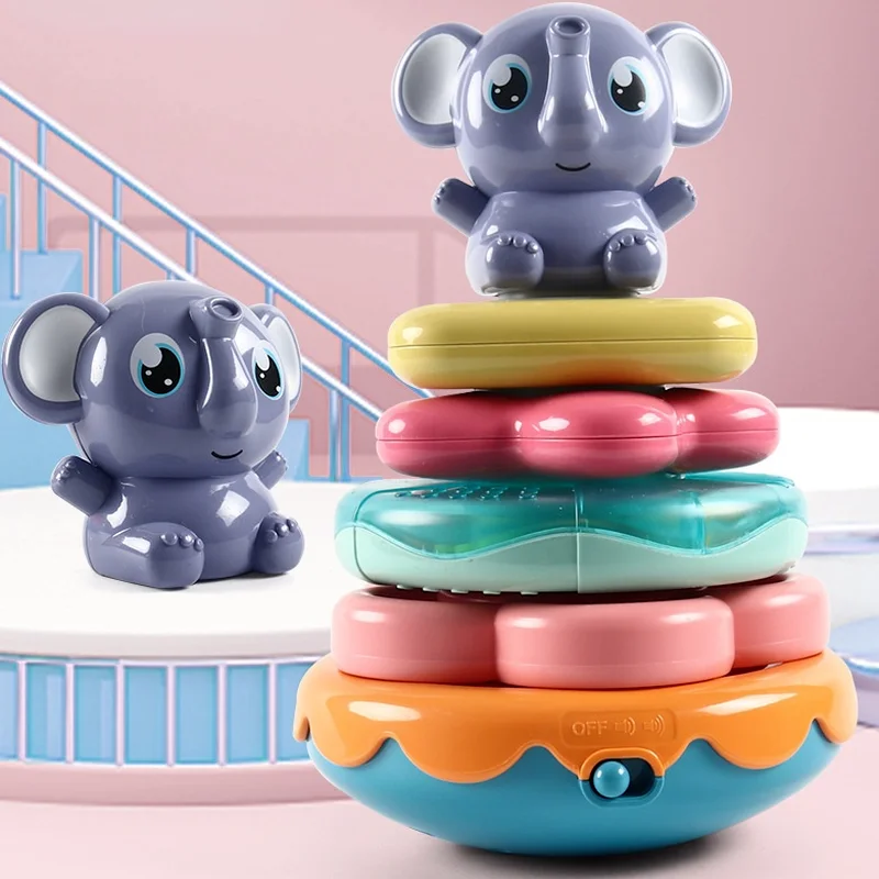 

Elephant Rainbow Tower Stacking Circle Toy Baby Montessori Toys Musical Rattles For Kids Educational Tumbler Toys for Children