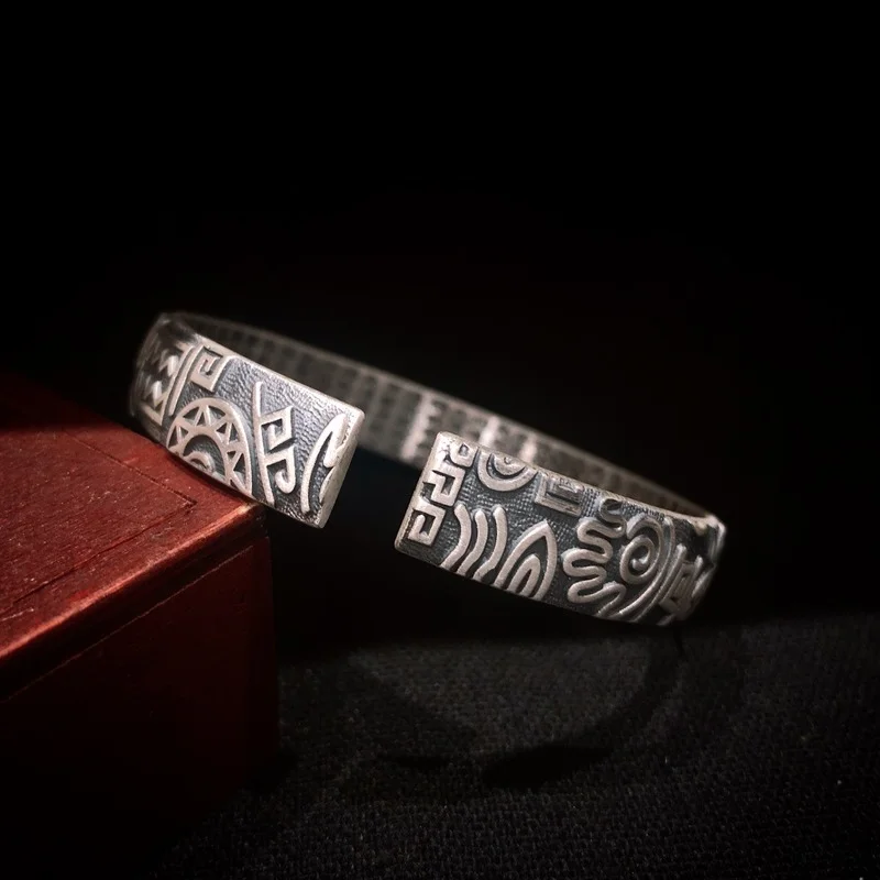 Bracelet for Women Vintage High Relief Characteristic National Rune Prajnaparamita Heart Sutra Sterling Silver Bracelet