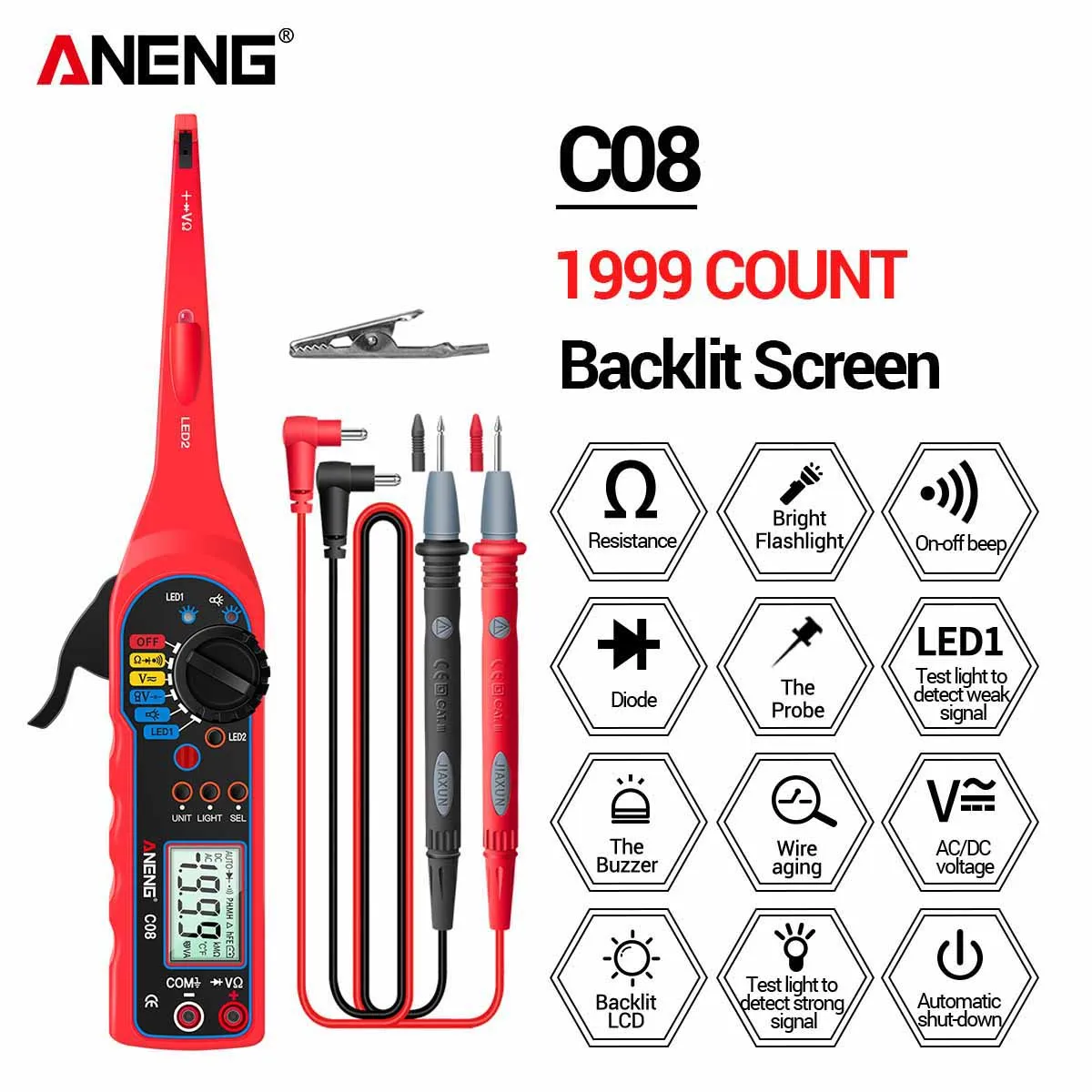 

ANENG C08 1999 Counts Digital Professional Multimeter Auto Car Tester AC/DC Voltage Ammeter Resistance 0V-380V Electrical Tool