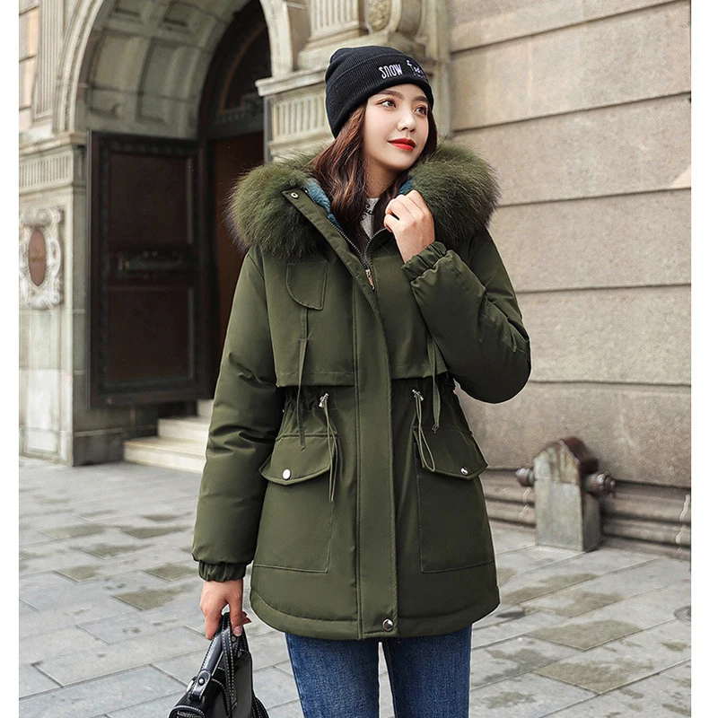 Thickened Fur Collar Hooded Parka Loose Fashion Long Sleeve Warm Women's Cotton Padded Clothes Versatile Solid Winter Outerwear
