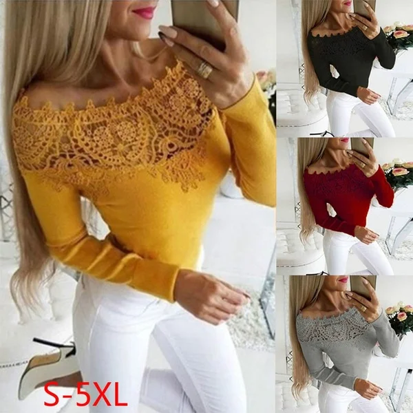 

Women Fashion Slim Fit Pure Color Lace Hollow Out Plus Size Spring Shirts