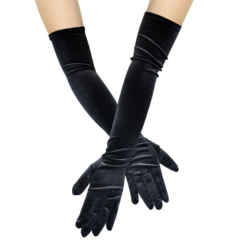 Guantes largos elásticos para mujer, de terciopelo negro clásico, a la moda, elásticos para los dedos, cálidos para brazos y vestido de noche, etiqueta