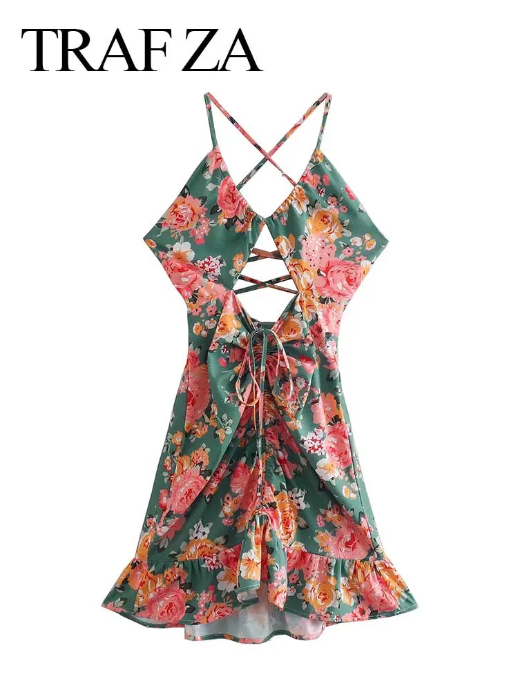 

TRAF ZA Flower Print Halterneck Sleeveless Mini Dress Back Hollow Cross Bow Backless Slim Fit Sexy Shirring Ruffle Party Street