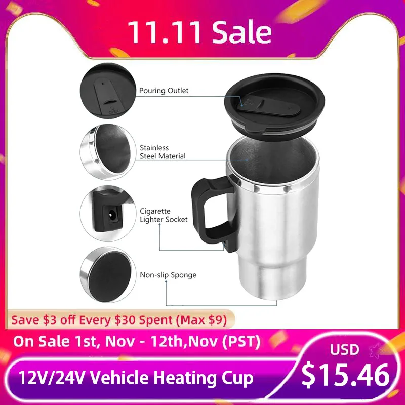 

12V/24V Vehicle Heating Cup 300ML Car Vehicle Heating Stainless Steel Water Cup Kettle Coffee Heated Mug Cradle Phone Holder