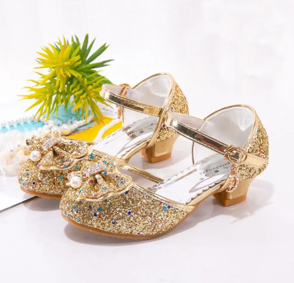 

Сандалии с блестками для девочек, модная вечерняя обувь принцессы на высоком каблуке, танцевальные туфли с бантом, весна-лето