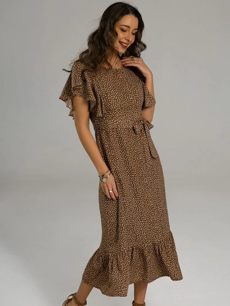 

Женское платье с коротким рукавом, Длинное свободное платье с принтом и поясом, Повседневное платье для отдыха, лето 2022