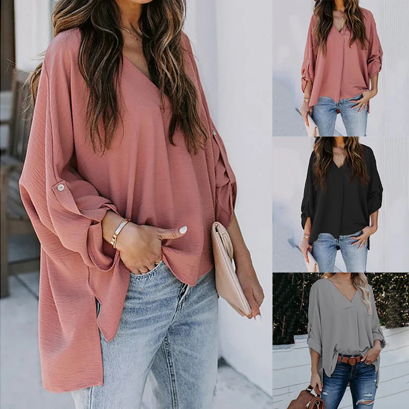 

2022 autumn new fashion solid color V-neck long-sleeved casual loose shirt women