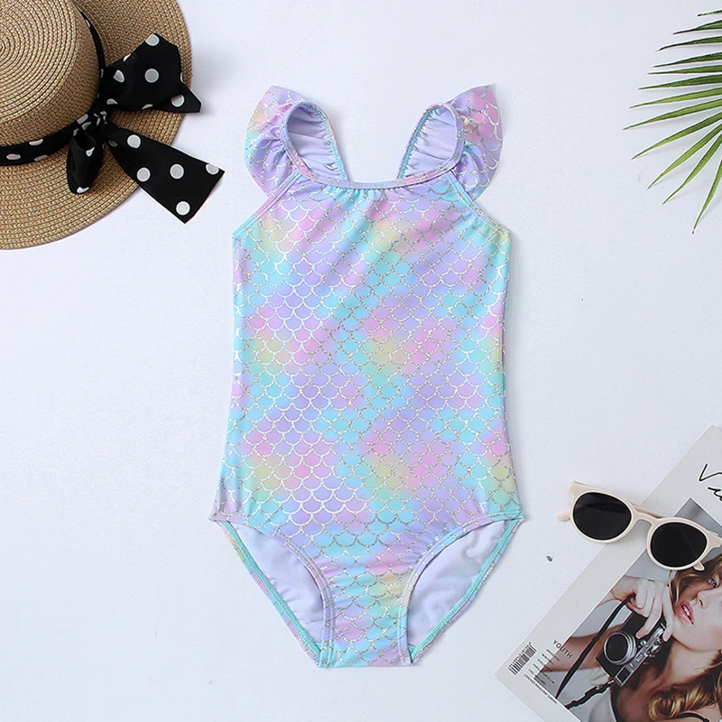 

Цельнокроеный купальник для девочки в виде рыбьей чешуи с оборками на лямках, детский купальник, женский купальный костюм для маленьких дев...