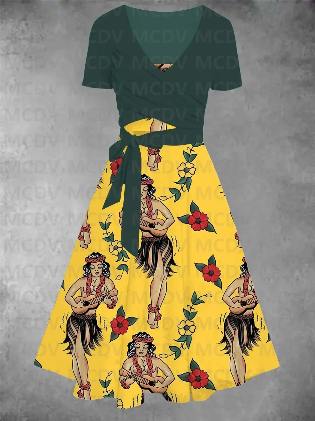 Женское старое школьное платье из двух частей с принтом татуировок