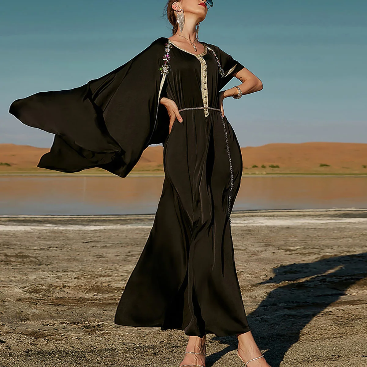 Women Hand-Sewned Embroidery Cloak Dress Travel Robe Abaya with Belt