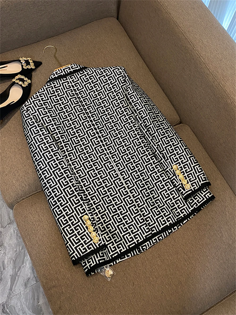 Vintage Jacket for Women Newest 2023 Trimmed Double Breasted Geometric Jacquard Coat Office Ladies Business Formal Blazers