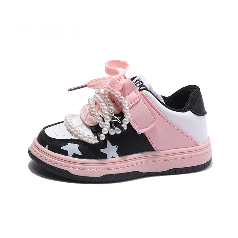 Luxury Children Sneakers Brand Design Girls Pink Pearl Chain Tennis Boys Blue Star Sport Shoes Kids Casual Running Trainers