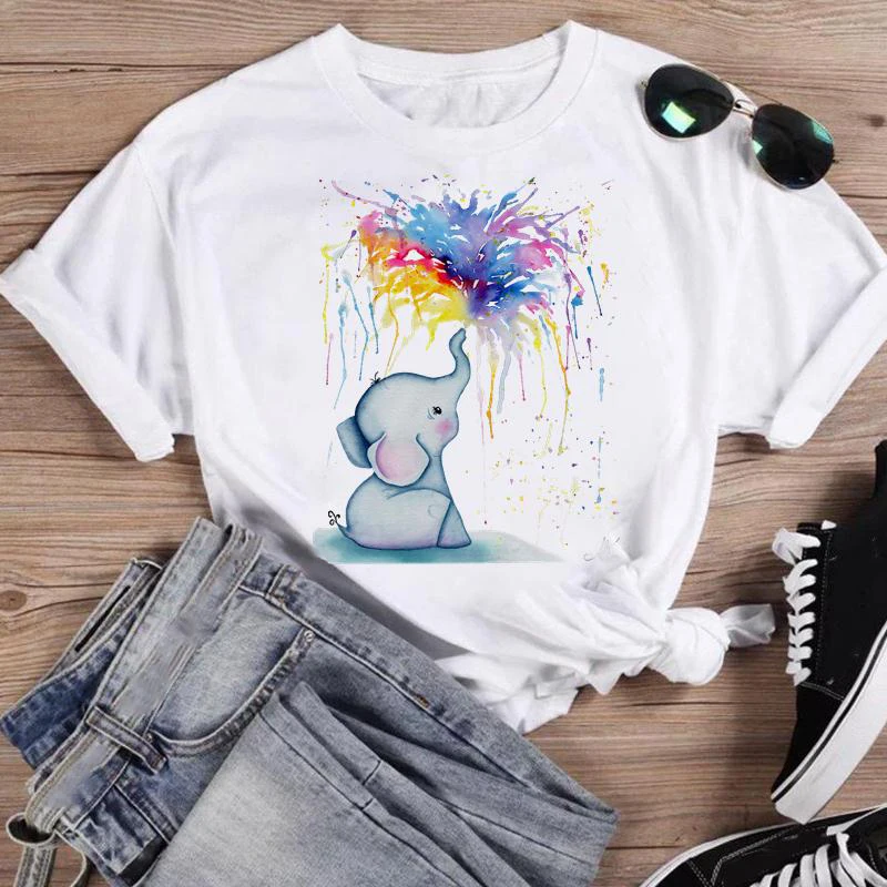 

Женская летняя футболка с круглым вырезом, коротким рукавом и принтом слона