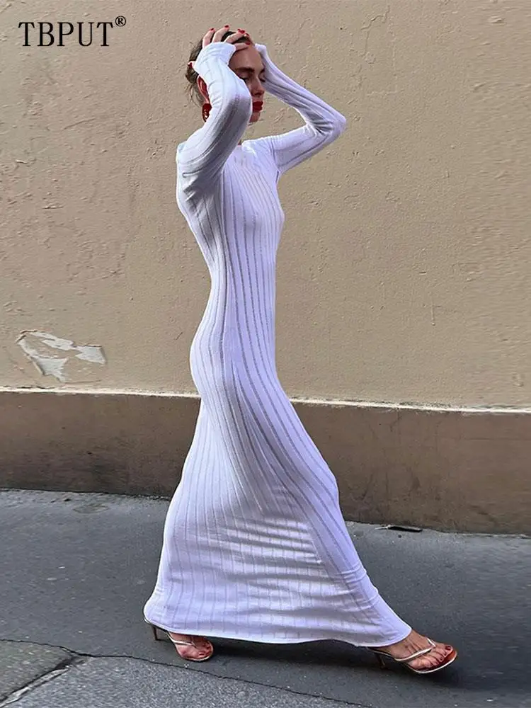 

Элегантное свободное белое вязаное платье для женщин, модные повседневные платья миди с круглым вырезом и длинным рукавом, осень 2023, шикарная Женская трикотажная одежда