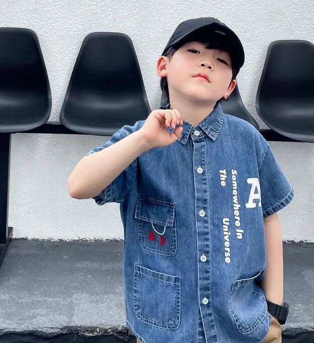 

Fashion Hip Hop Kids Boy Girls Blue Jeans Letters Pattern Summer Cartoon Pattern Long Sleeve Shirts Tops Tee Children Clothes