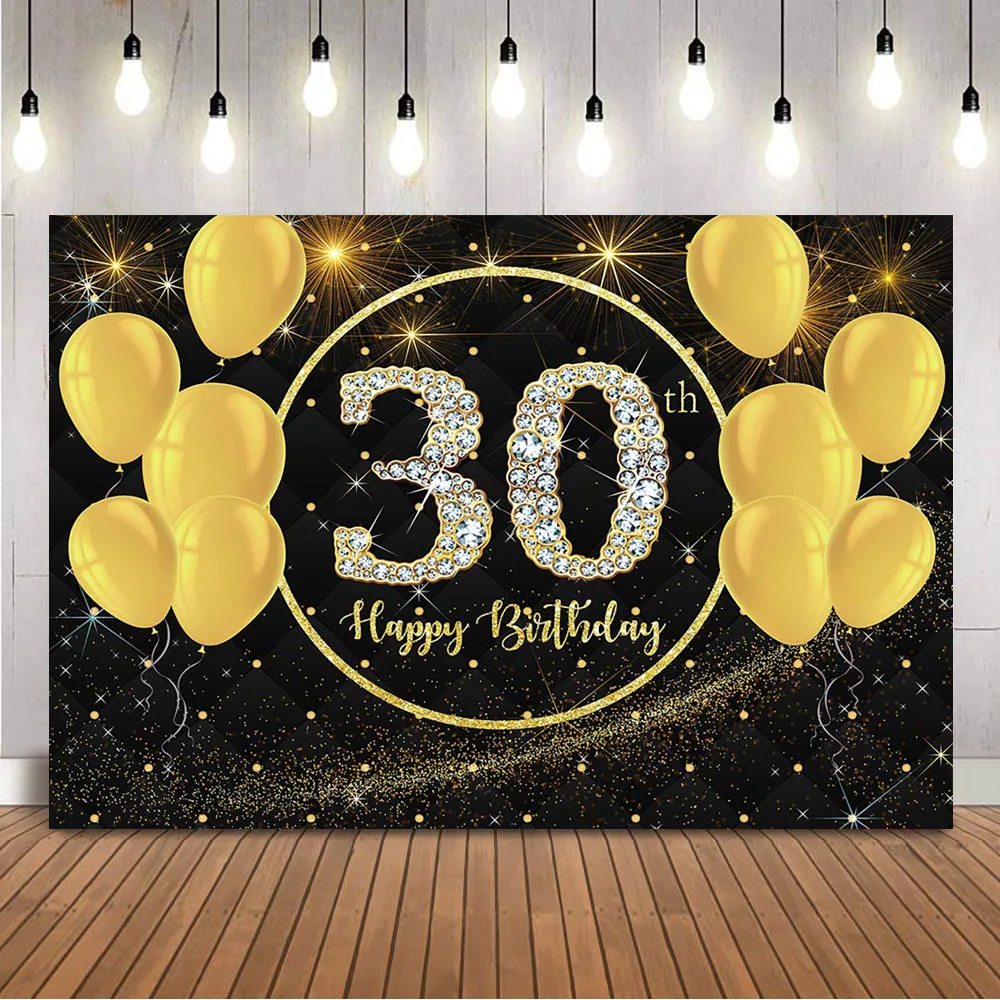 

Happy 30th Birthday Backdrop Glitter Shining Dots Background for Photo Studio Yellow Party Balloons Thirty Birthday Decorations