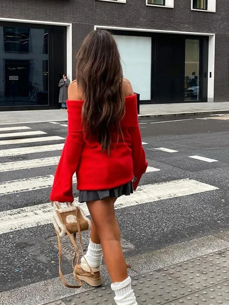 Элегантный Однотонный свитер с открытыми плечами для женщин модный джемпер в