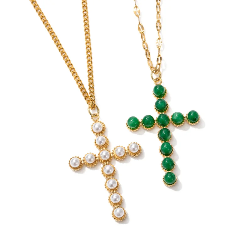 

Minar Cool Simulated Pearl Green Natural Stone Cross Pendant Necklaces Women Man Unisex 18K Gold Plated Stainless Steel Choker
