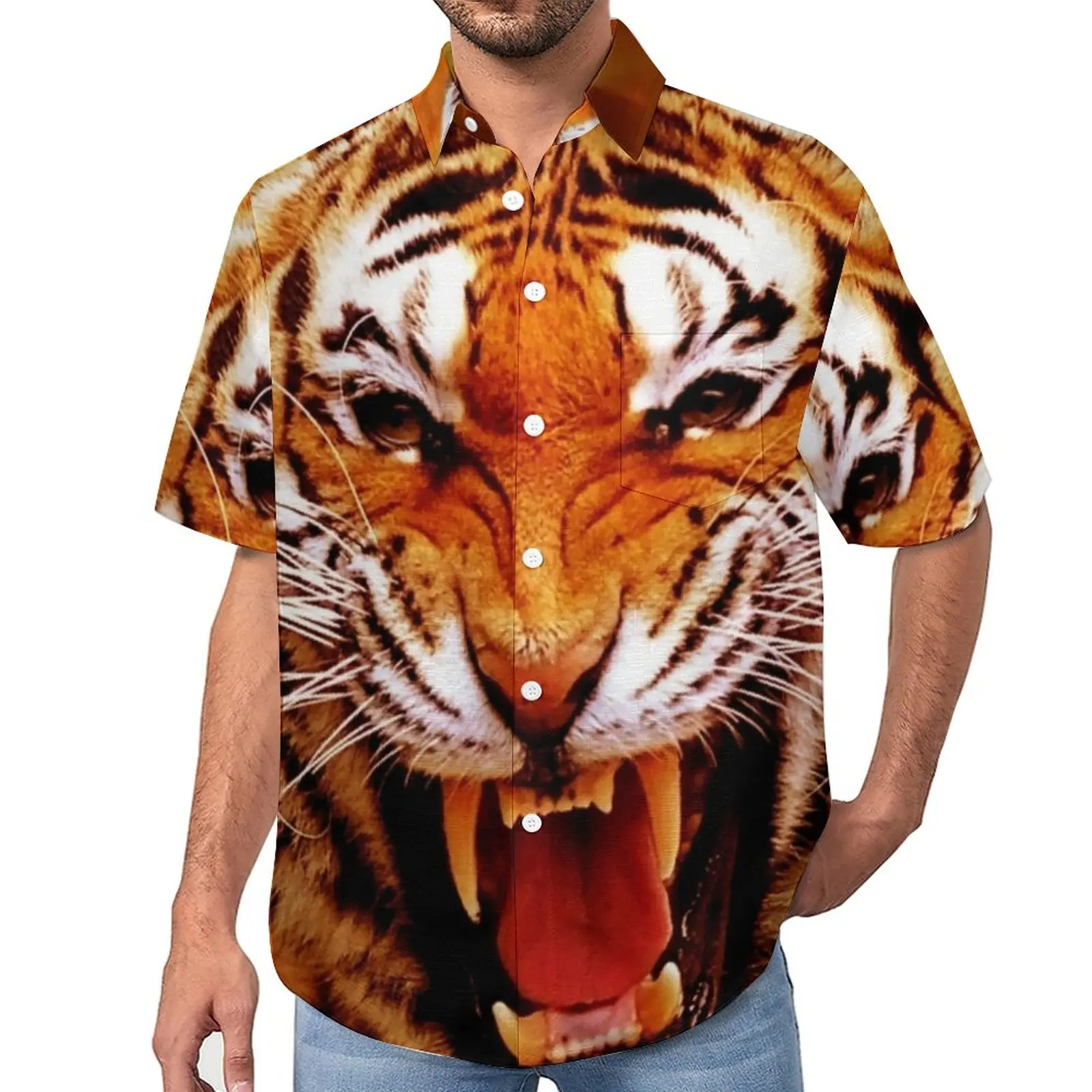 

Tiger And Flame Beach Shirt Animal Print Hawaiian Casual Shirts Mens Aesthetic Blouses Short Sleeve Pattern Clothes Plus Size