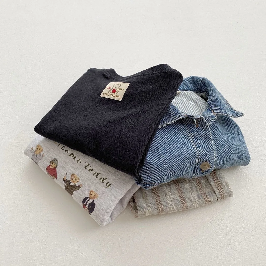 2022 Autumn New Children Cartoon Print Long Sleeve T-shirt Kids Girl Cute Bear Tops Boy Baby Letter Cotton Tees Toddler Clothing