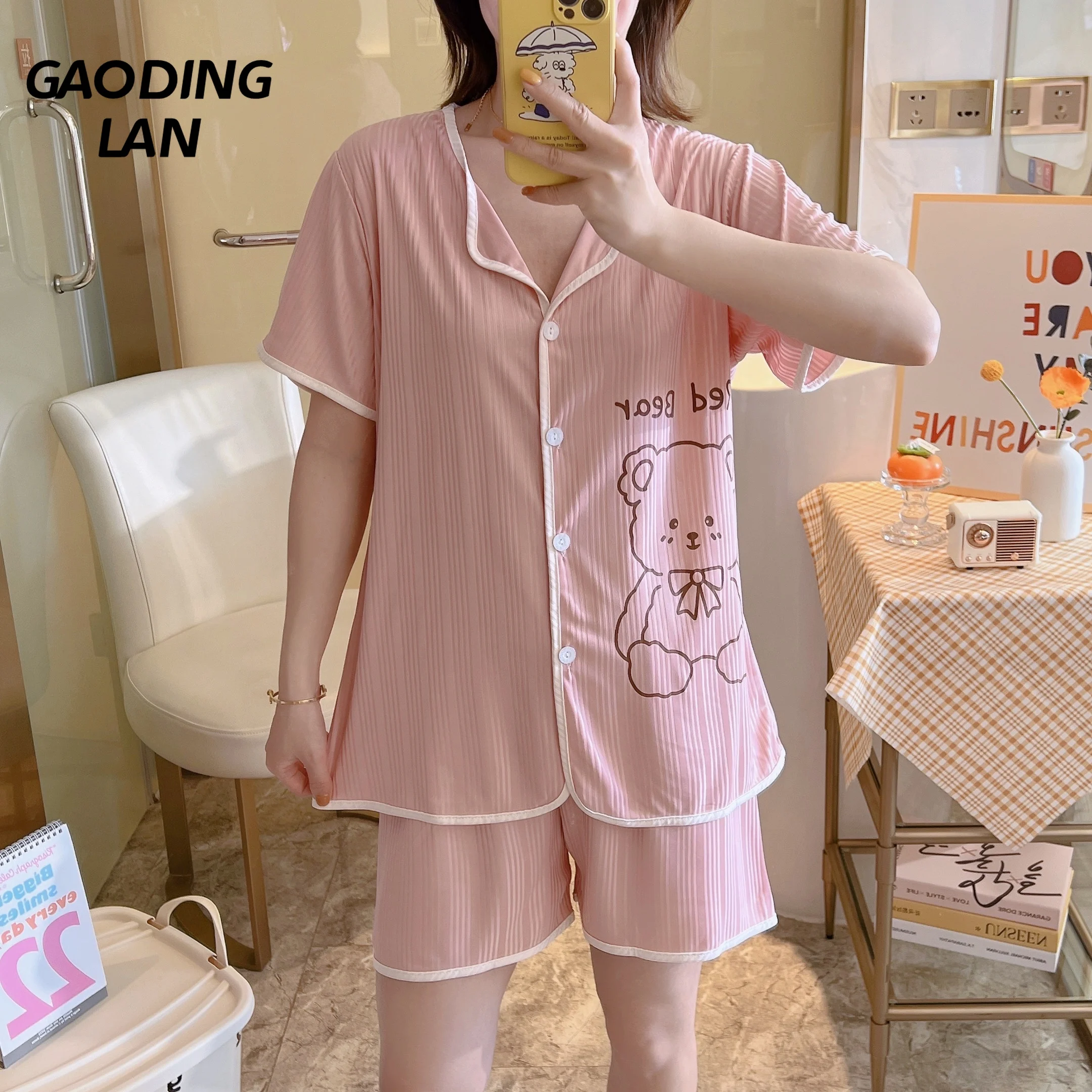 

Summer Women Turndown Collar Short Sleeve Pajamas Set Cartoon Bear Print Cardigan Pyjamas Female Shorts 2piece Sleepwear Suit